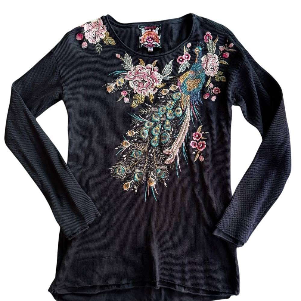 Johnny Was Peacock Embroidered Thermal Top Black – Small - Picture 8 of 13